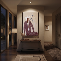 White Rider Shares Sand – White Horse and Figure painting by Adrian Lee, mid-century modern vertical wall art – styled room scene view 5
