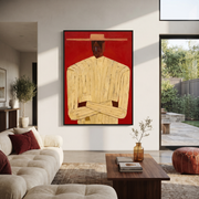 Cream Figure Meets Red – Cream Portrait Red Ground painting by Adrian Lee, mid-century modern vertical wall art – styled room scene view 1