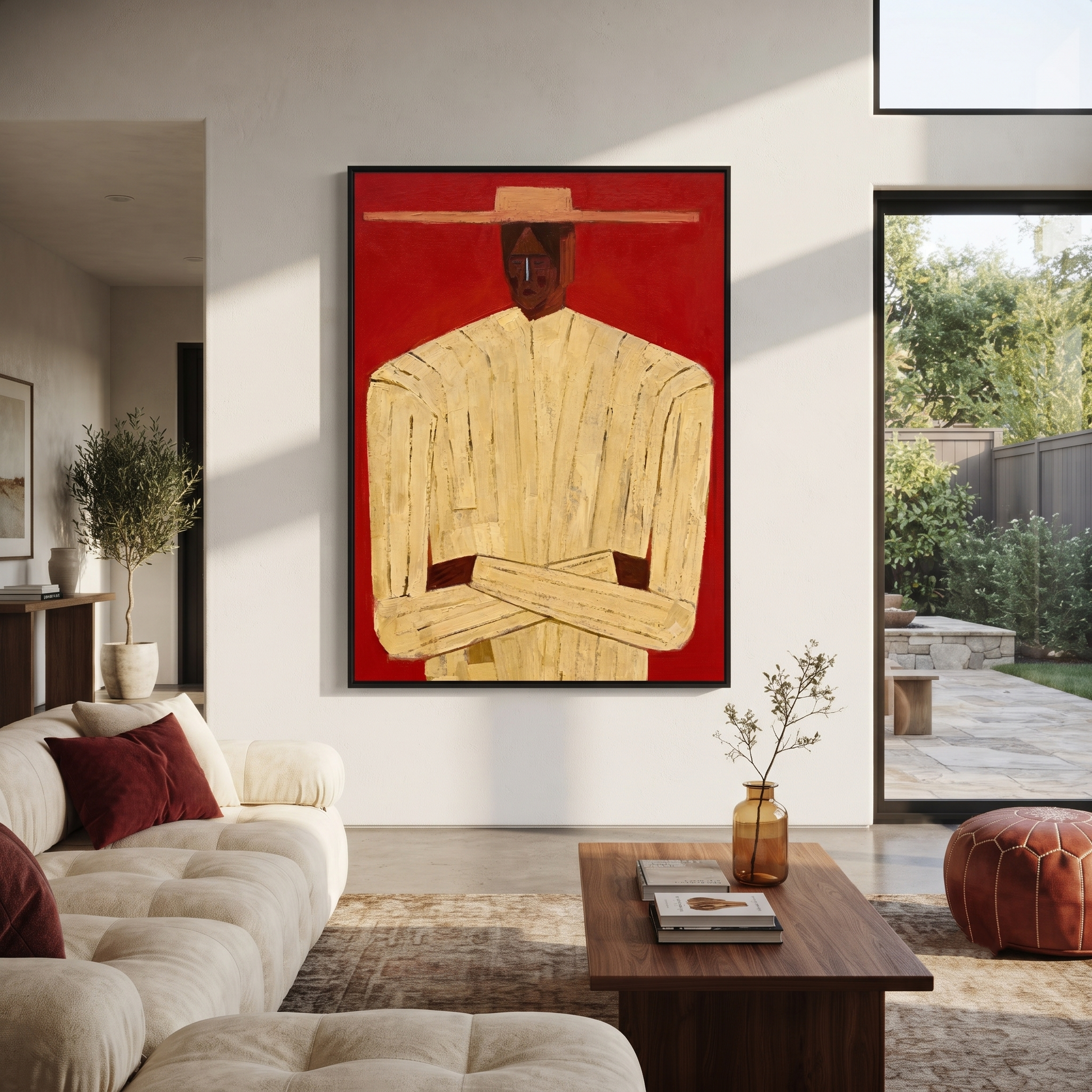 Cream Figure Meets Red – Cream Portrait Red Ground painting by Adrian Lee, mid-century modern vertical wall art – styled room scene view 1
