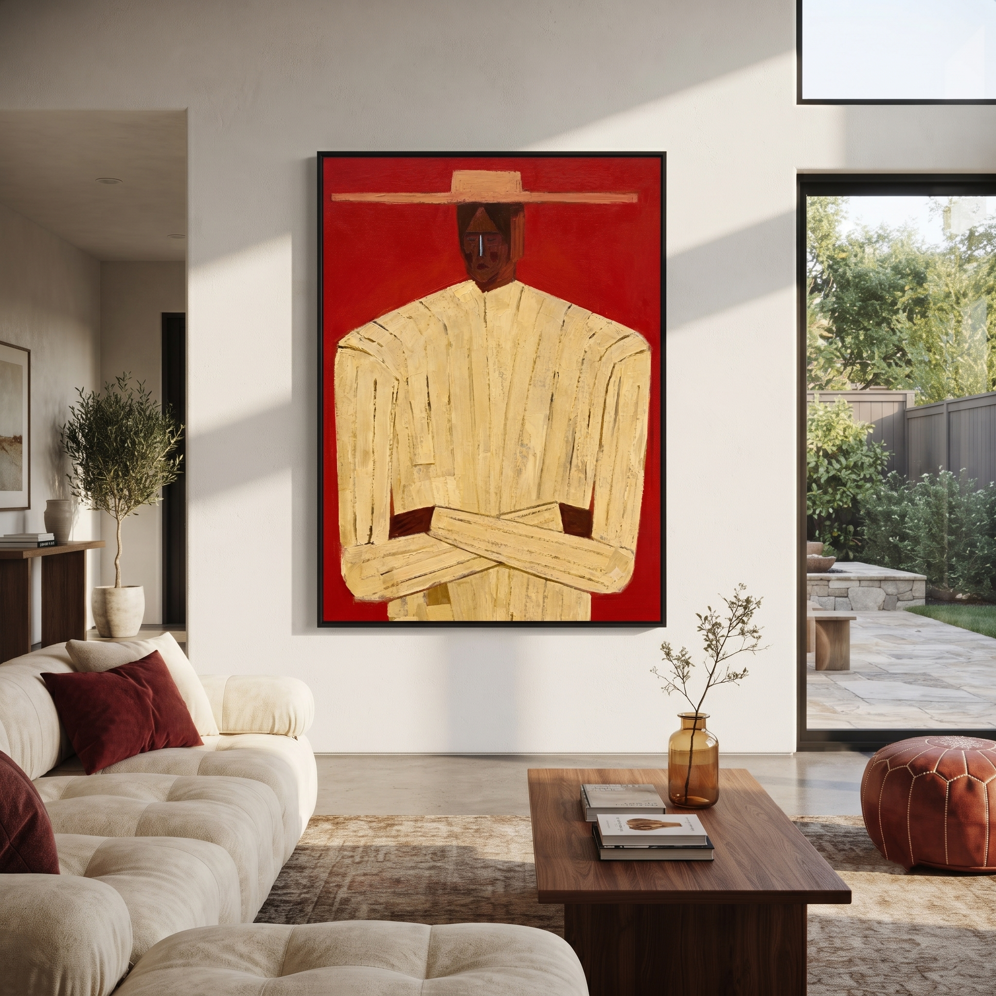Cream Figure Meets Red – Cream Portrait Red Ground painting by Adrian Lee, mid-century modern vertical wall art – styled room scene view 1