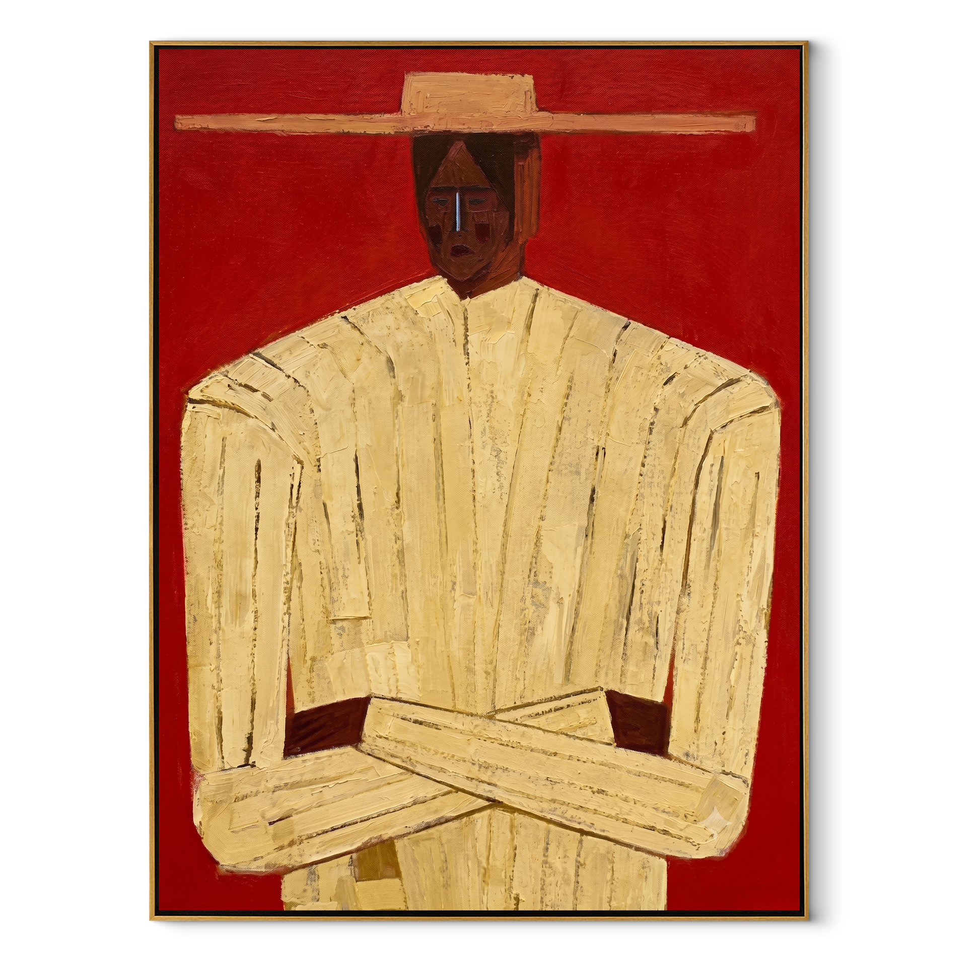 Cream Figure Meets Red – Cream Portrait Red Ground painting by Adrian Lee, mid-century modern vertical wall art – wood frame on white background