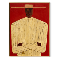 Cream Figure Meets Red – Cream Portrait Red Ground painting by Adrian Lee, mid-century modern vertical wall art – wood frame on white background