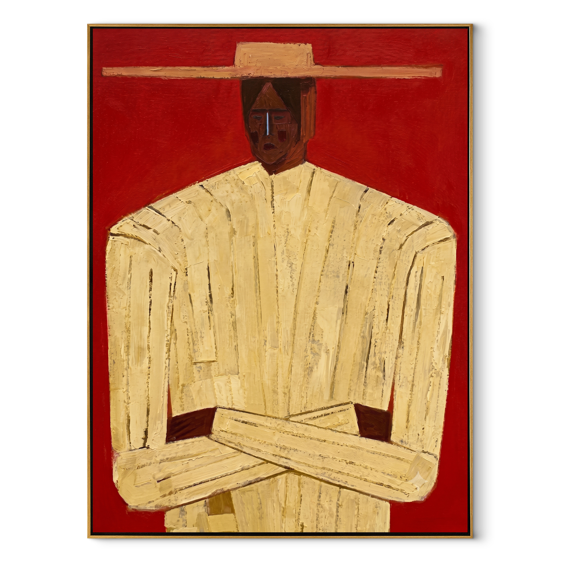 Cream Figure Meets Red – Cream Portrait Red Ground painting by Adrian Lee, mid-century modern vertical wall art – wood frame on white background