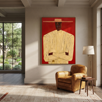 Cream Figure Meets Red – Cream Portrait Red Ground painting by Adrian Lee, mid-century modern vertical wall art – styled room scene view 2