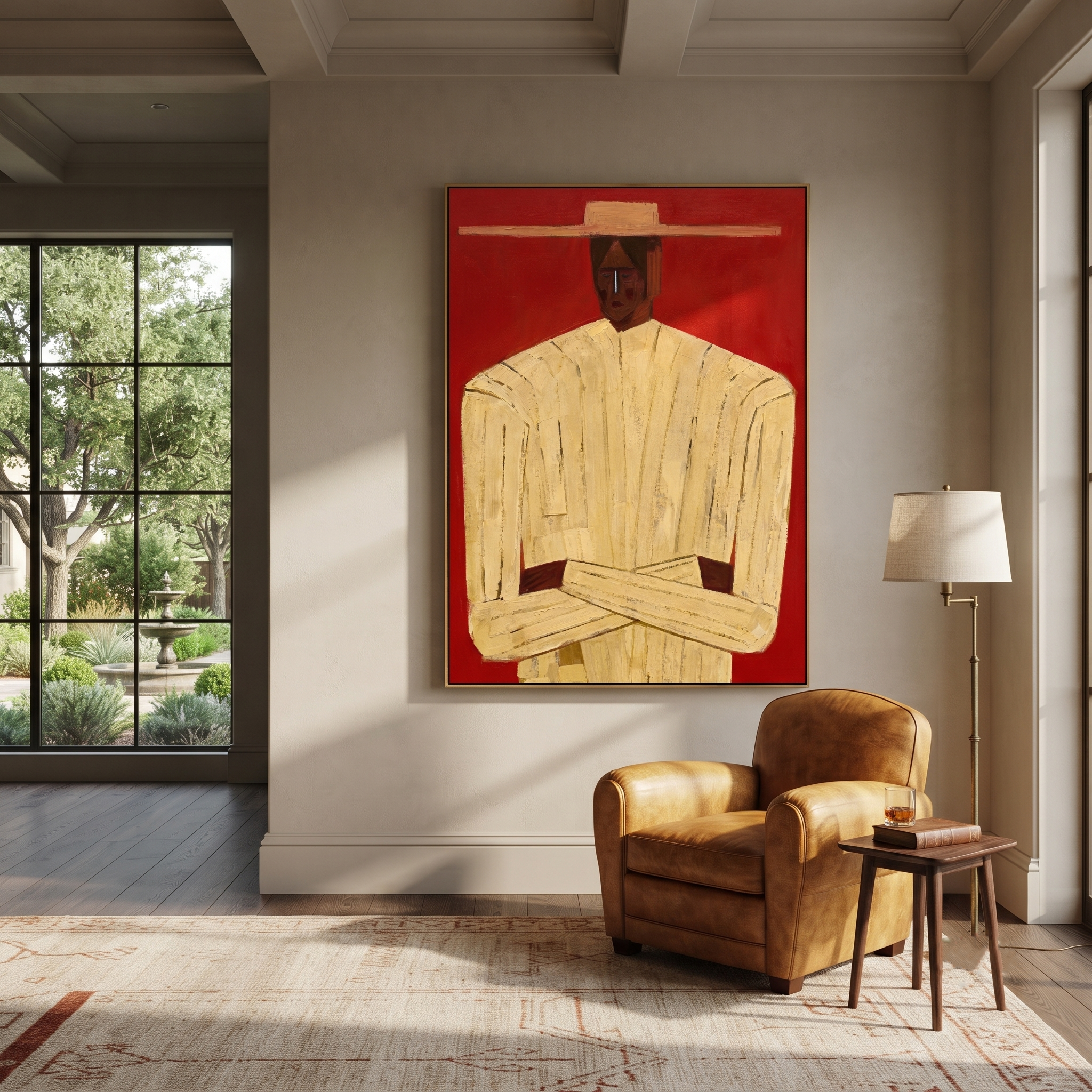 Cream Figure Meets Red – Cream Portrait Red Ground painting by Adrian Lee, mid-century modern vertical wall art – styled room scene view 2