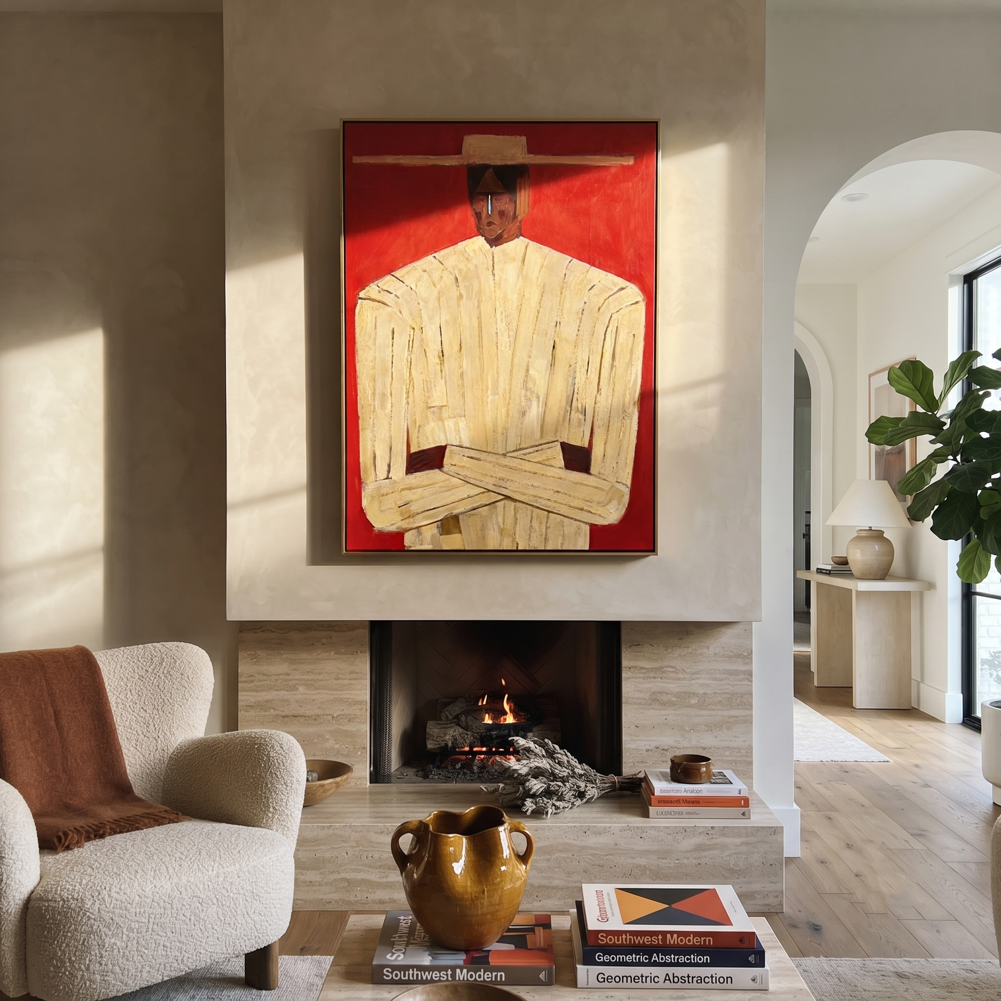 Cream Figure Meets Red – Cream Portrait Red Ground painting by Adrian Lee, mid-century modern vertical wall art – styled room scene view 3