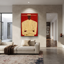 Cream Figure Meets Red – Cream Portrait Red Ground painting by Adrian Lee, mid-century modern vertical wall art – styled room scene view 4