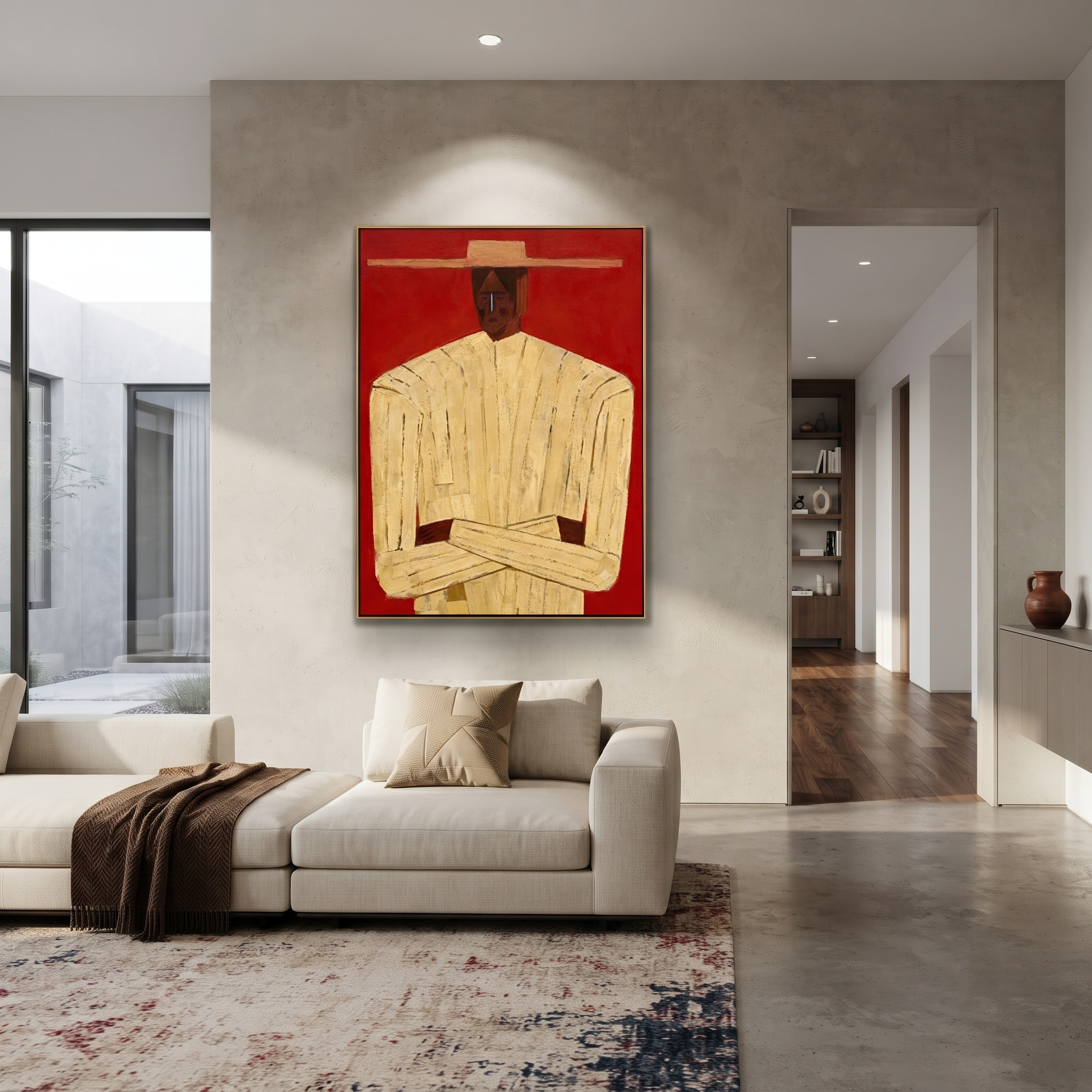 Cream Figure Meets Red – Cream Portrait Red Ground painting by Adrian Lee, mid-century modern vertical wall art – styled room scene view 4