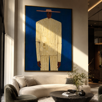 Cream Figure Meets Blue – Cream Portrait Blue Ground painting by Adrian Lee, mid-century modern vertical wall art – styled room scene view 1