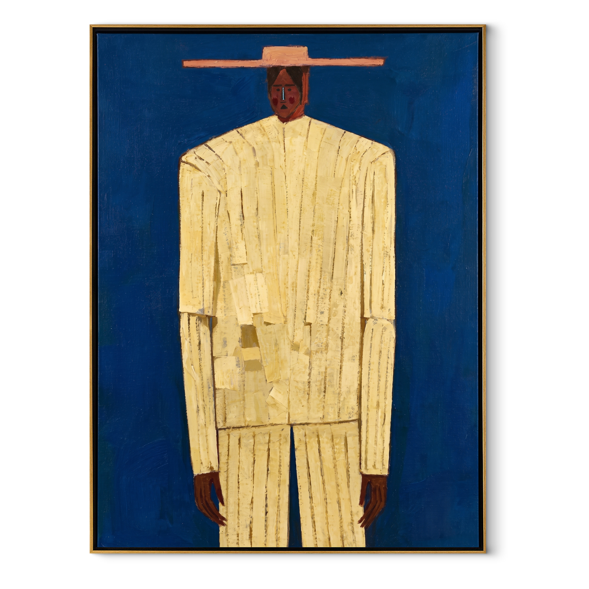 Cream Figure Meets Blue – Cream Portrait Blue Ground painting by Adrian Lee, mid-century modern vertical wall art – wood frame on white background