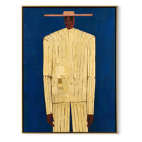 Cream Figure Meets Blue – Cream Portrait Blue Ground painting by Adrian Lee, mid-century modern vertical wall art – wood frame on white background