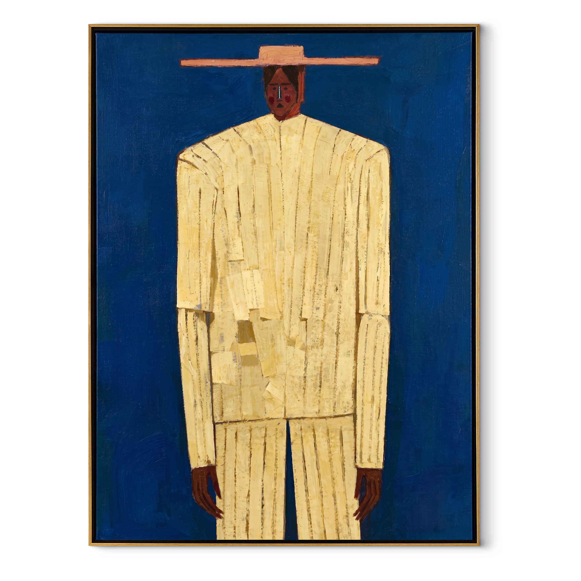 Cream Figure Meets Blue – Cream Portrait Blue Ground painting by Adrian Lee, mid-century modern vertical wall art – wood frame on white background