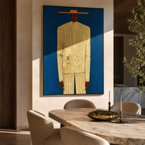 Cream Figure Meets Blue – Cream Portrait Blue Ground painting by Adrian Lee, mid-century modern vertical wall art – styled room scene view 2