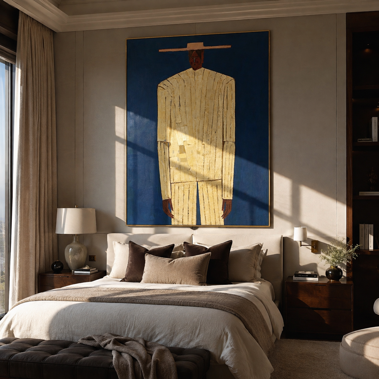 Cream Figure Meets Blue – Cream Portrait Blue Ground painting by Adrian Lee, mid-century modern vertical wall art – styled room scene view 3