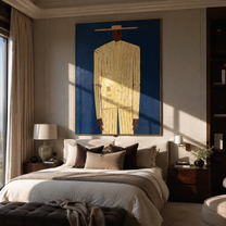 Cream Figure Meets Blue – Cream Portrait Blue Ground painting by Adrian Lee, mid-century modern vertical wall art – styled room scene view 3