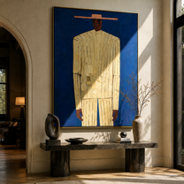 Cream Figure Meets Blue – Cream Portrait Blue Ground painting by Adrian Lee, mid-century modern vertical wall art – styled room scene view 4