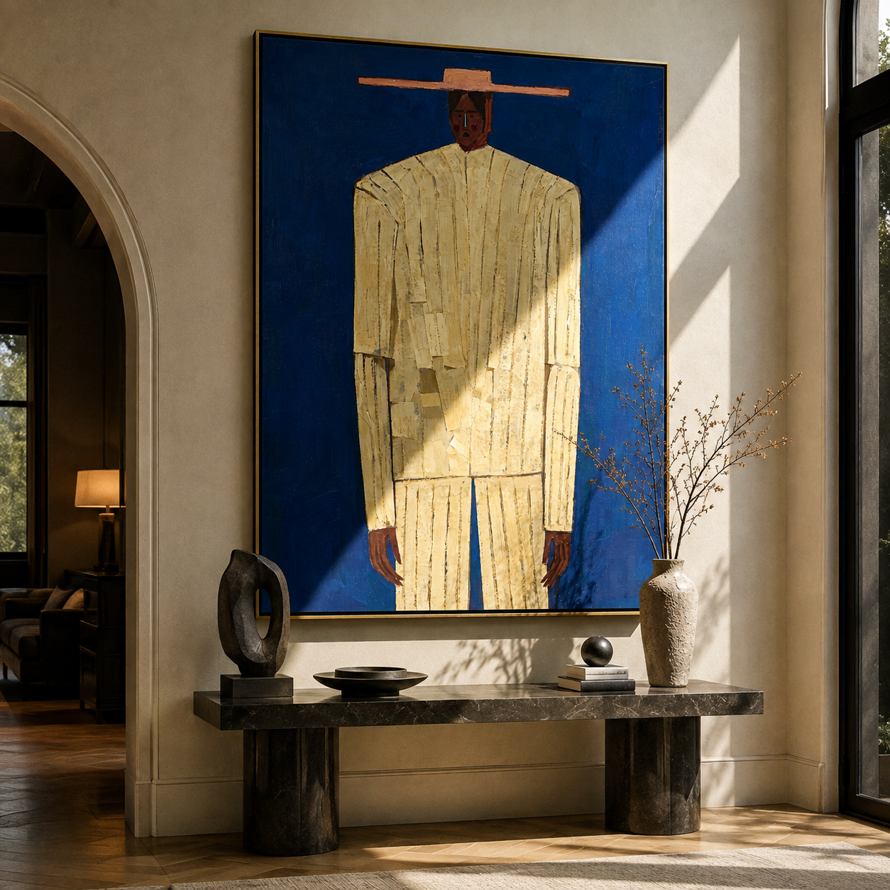 Cream Figure Meets Blue – Cream Portrait Blue Ground painting by Adrian Lee, mid-century modern vertical wall art – styled room scene view 4