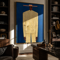 Cream Figure Meets Blue – Cream Portrait Blue Ground painting by Adrian Lee, mid-century modern vertical wall art – styled room scene view 5