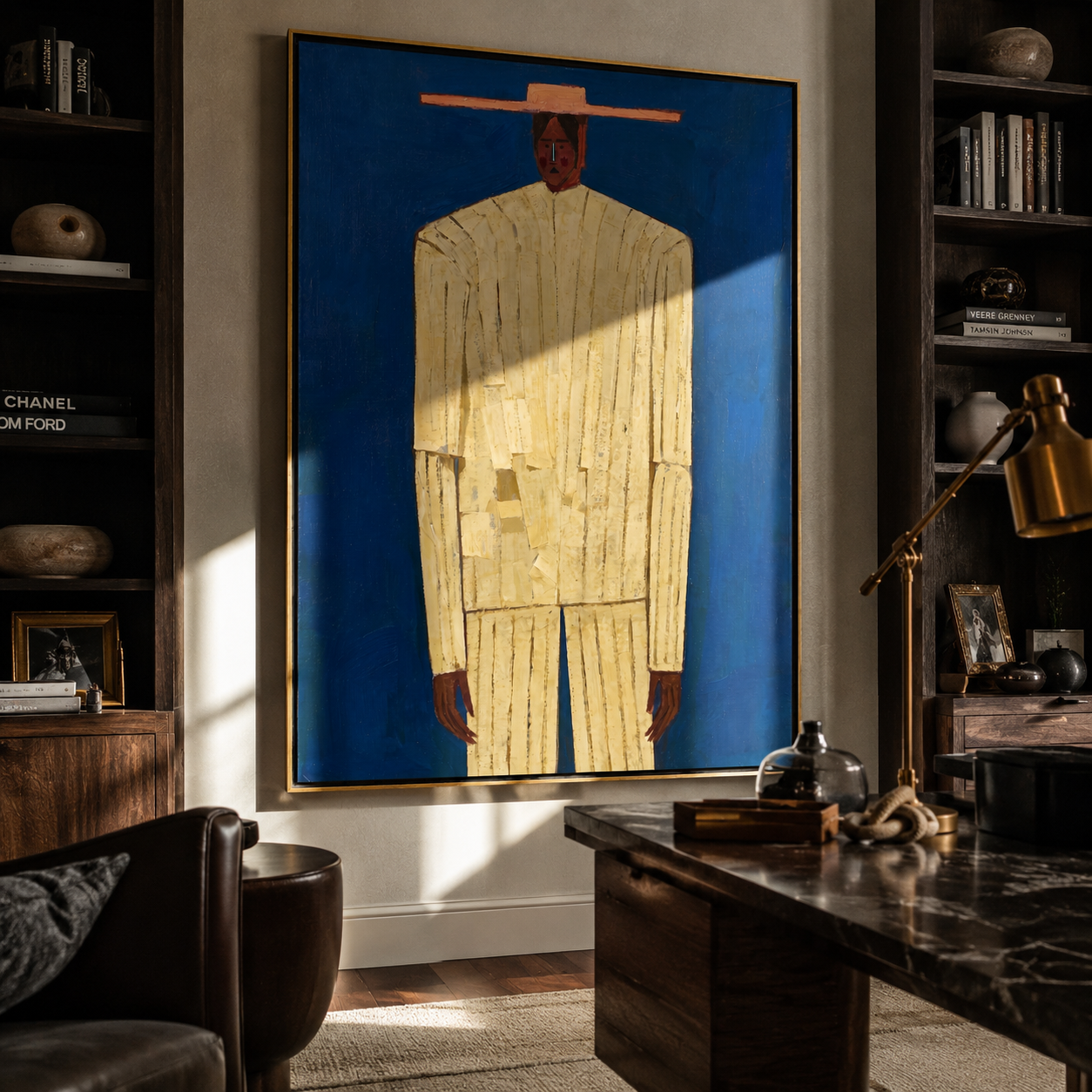 Cream Figure Meets Blue – Cream Portrait Blue Ground painting by Adrian Lee, mid-century modern vertical wall art – styled room scene view 5