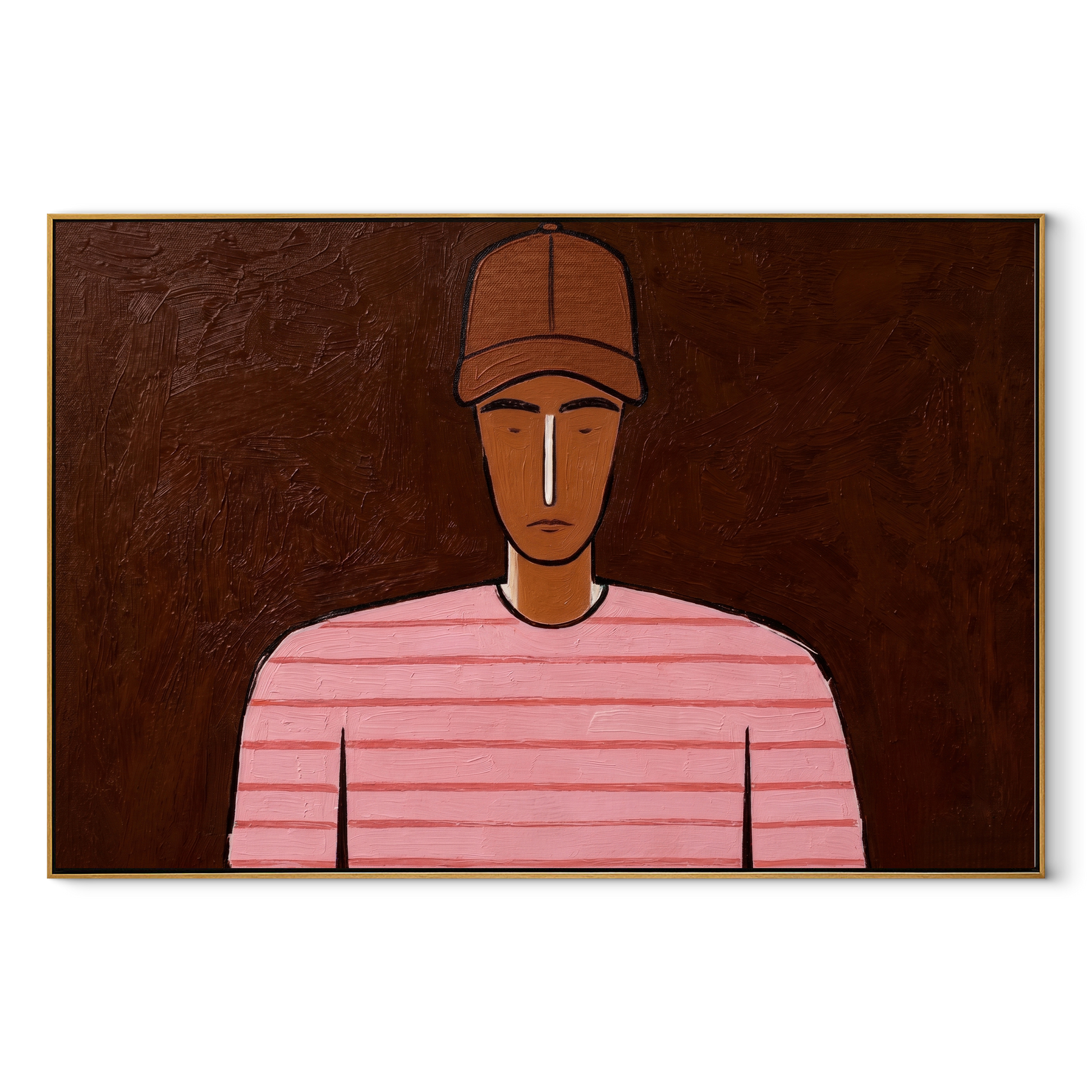 Pink Lines Face Umber - Pink Striped Portrait painting by Adrian Lee, mid-century modern horizontal wall art – wood frame on white background