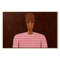 Pink Lines Face Umber - Pink Striped Portrait painting by Adrian Lee, mid-century modern horizontal wall art – wood frame on white background