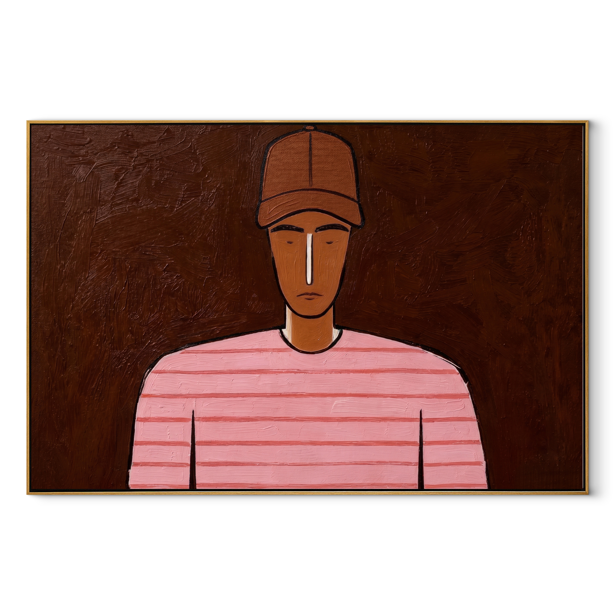 Pink Lines Face Umber - Pink Striped Portrait painting by Adrian Lee, mid-century modern horizontal wall art – wood frame on white background