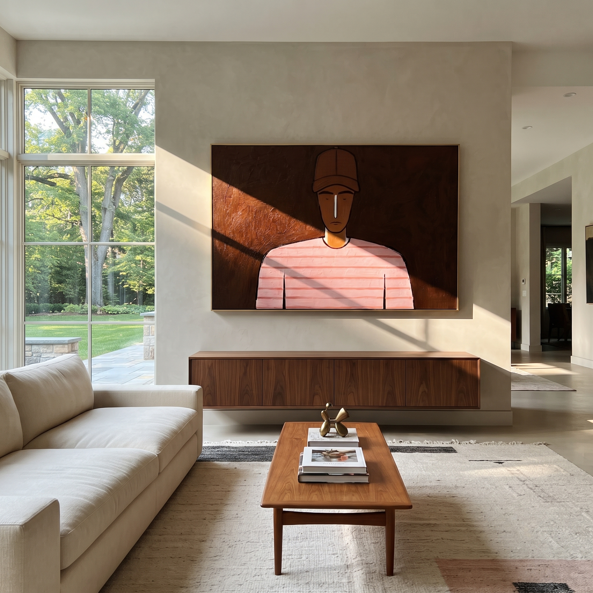 Pink Lines Face Umber - Pink Striped Portrait painting by Adrian Lee, mid-century modern horizontal wall art – styled room scene view 2