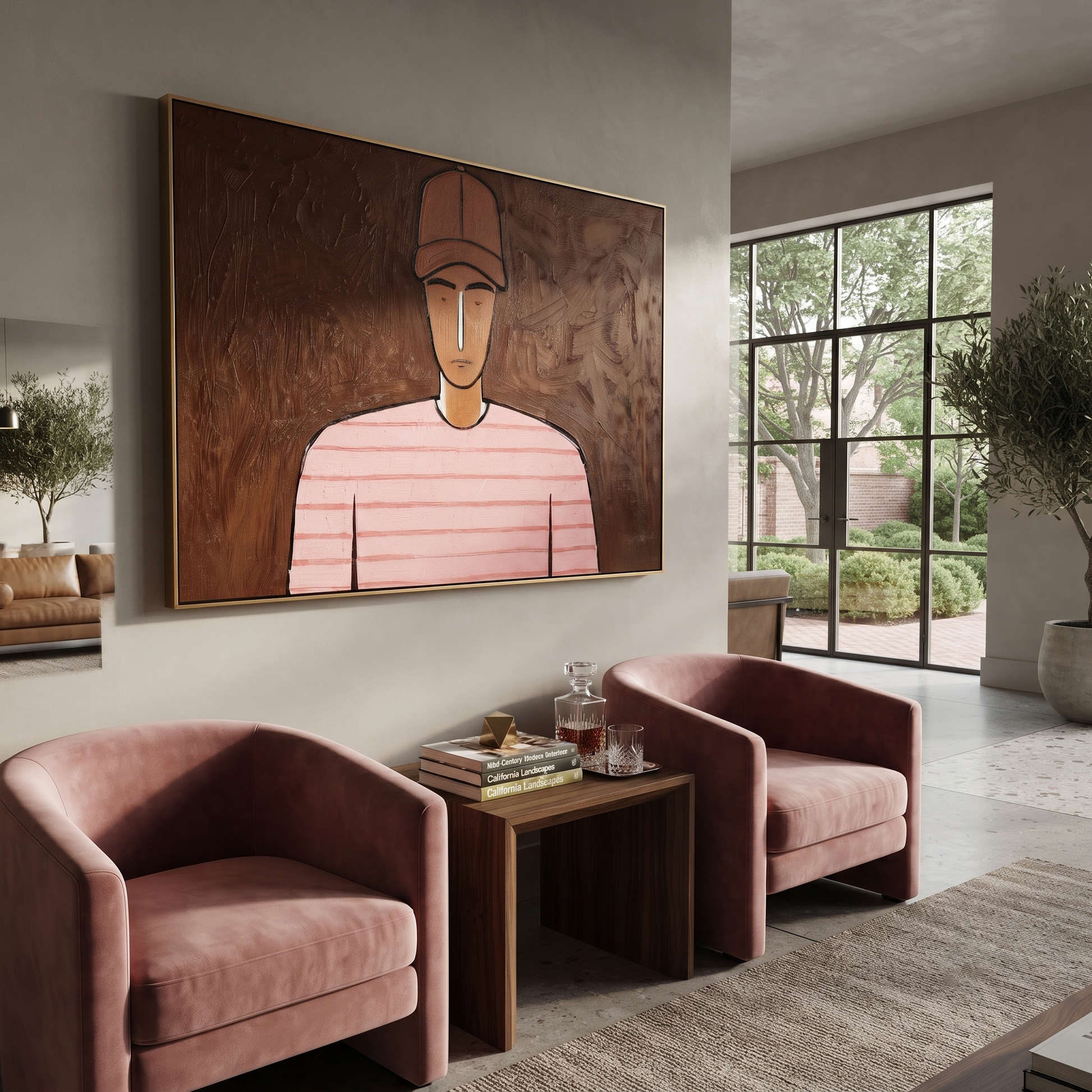 Pink Lines Face Umber - Pink Striped Portrait painting by Adrian Lee, mid-century modern horizontal wall art – styled room scene view 3