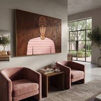 Pink Lines Face Umber - Pink Striped Portrait painting by Adrian Lee, mid-century modern horizontal wall art – styled room scene view 3