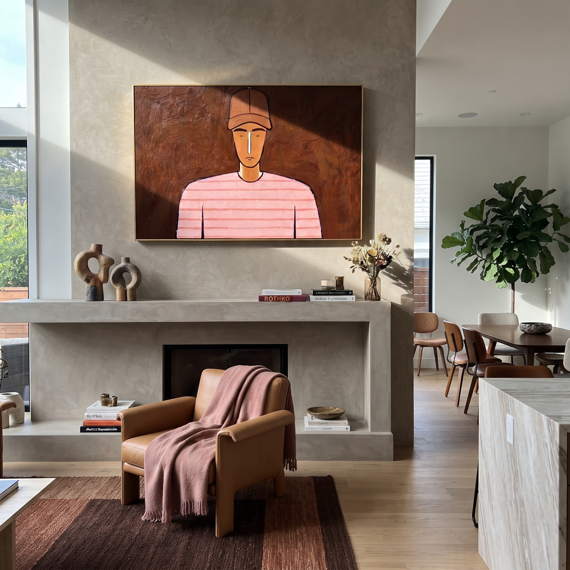 Pink Lines Face Umber - Pink Striped Portrait painting by Adrian Lee, mid-century modern horizontal wall art – styled room scene view 4