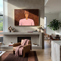 Pink Lines Face Umber - Pink Striped Portrait painting by Adrian Lee, mid-century modern horizontal wall art – styled room scene view 4