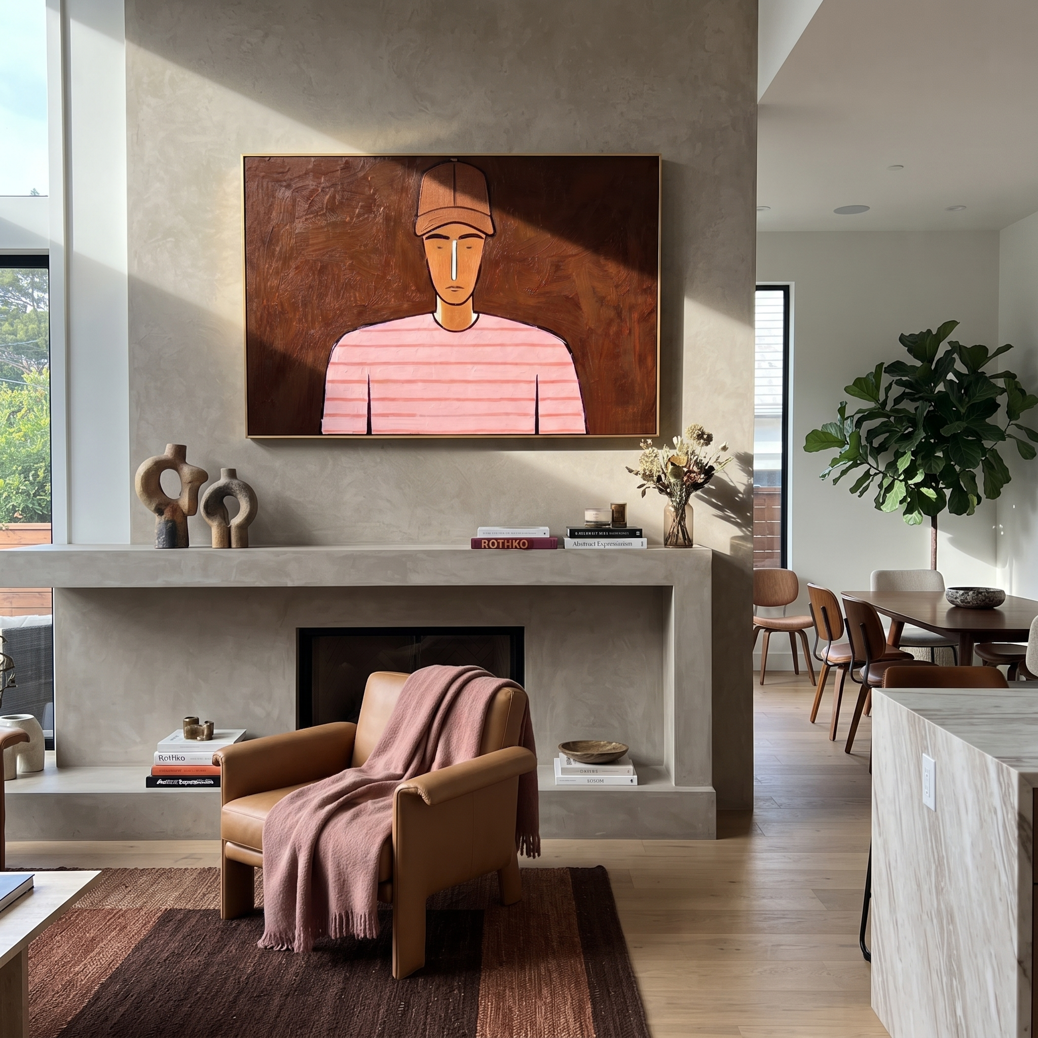 Pink Lines Face Umber - Pink Striped Portrait painting by Adrian Lee, mid-century modern horizontal wall art – styled room scene view 4
