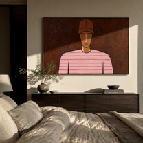 Pink Lines Face Umber - Pink Striped Portrait painting by Adrian Lee, mid-century modern horizontal wall art – styled room scene view 5
