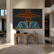 Brown Brim Cuts Charcoal - Wide Hat Striped Figure painting by Adrian Lee, mid-century modern horizontal wall art – styled room scene view 1