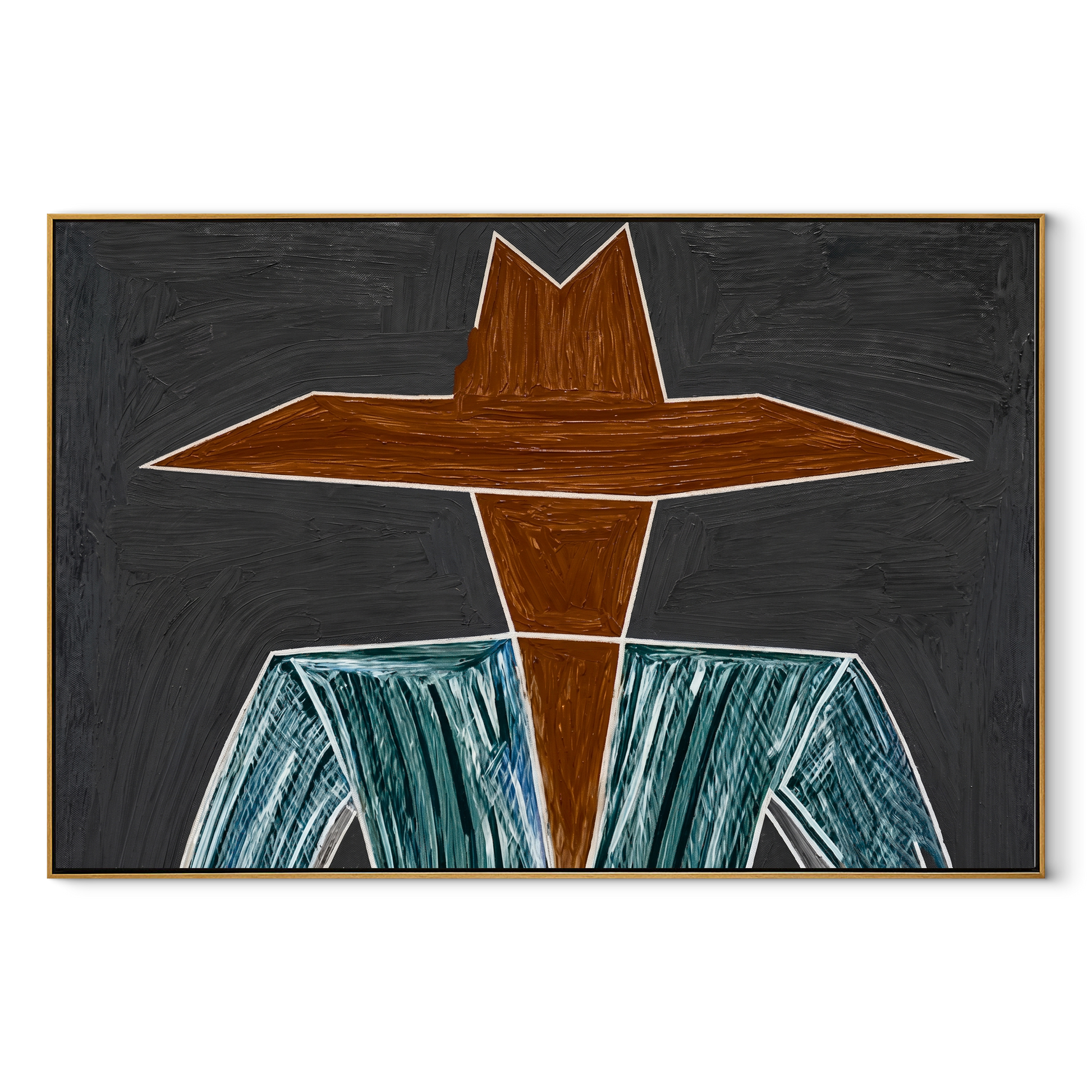 Brown Brim Cuts Charcoal - Wide Hat Striped Figure painting by Adrian Lee, mid-century modern horizontal wall art – wood frame on white background