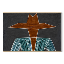 Brown Brim Cuts Charcoal - Wide Hat Striped Figure painting by Adrian Lee, mid-century modern horizontal wall art – wood frame on white background