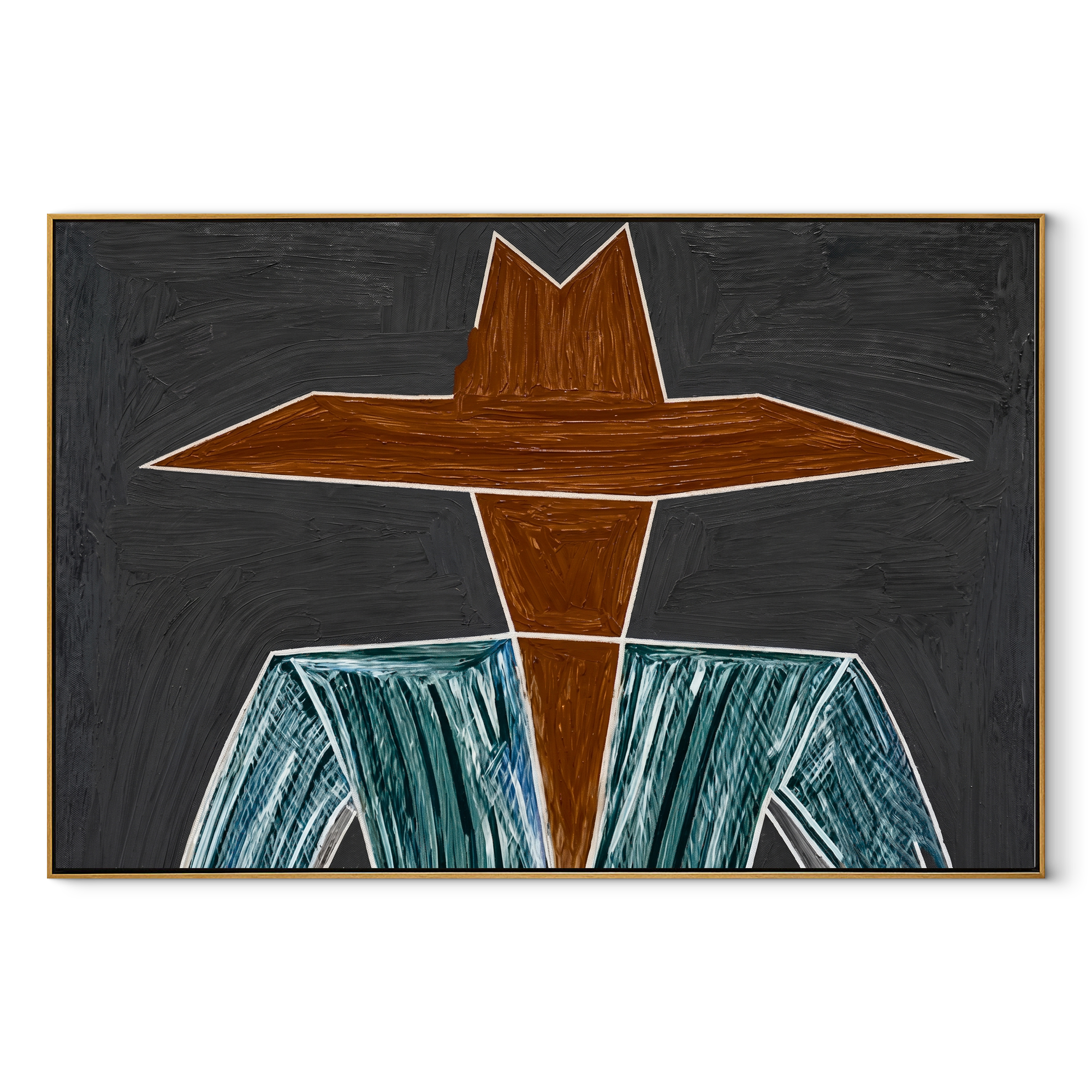 Brown Brim Cuts Charcoal - Wide Hat Striped Figure painting by Adrian Lee, mid-century modern horizontal wall art – wood frame on white background