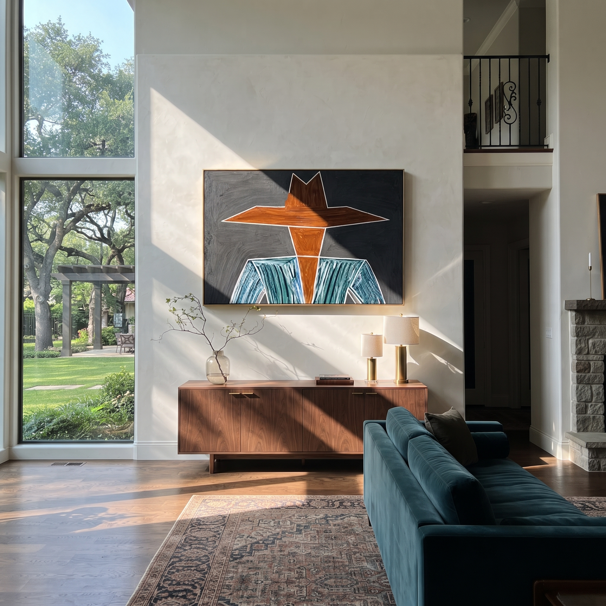 Brown Brim Cuts Charcoal - Wide Hat Striped Figure painting by Adrian Lee, mid-century modern horizontal wall art – styled room scene view 2