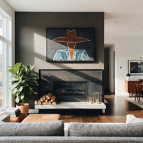 Brown Brim Cuts Charcoal - Wide Hat Striped Figure painting by Adrian Lee, mid-century modern horizontal wall art – styled room scene view 3
