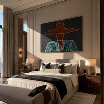 Brown Brim Cuts Charcoal - Wide Hat Striped Figure painting by Adrian Lee, mid-century modern horizontal wall art – styled room scene view 5