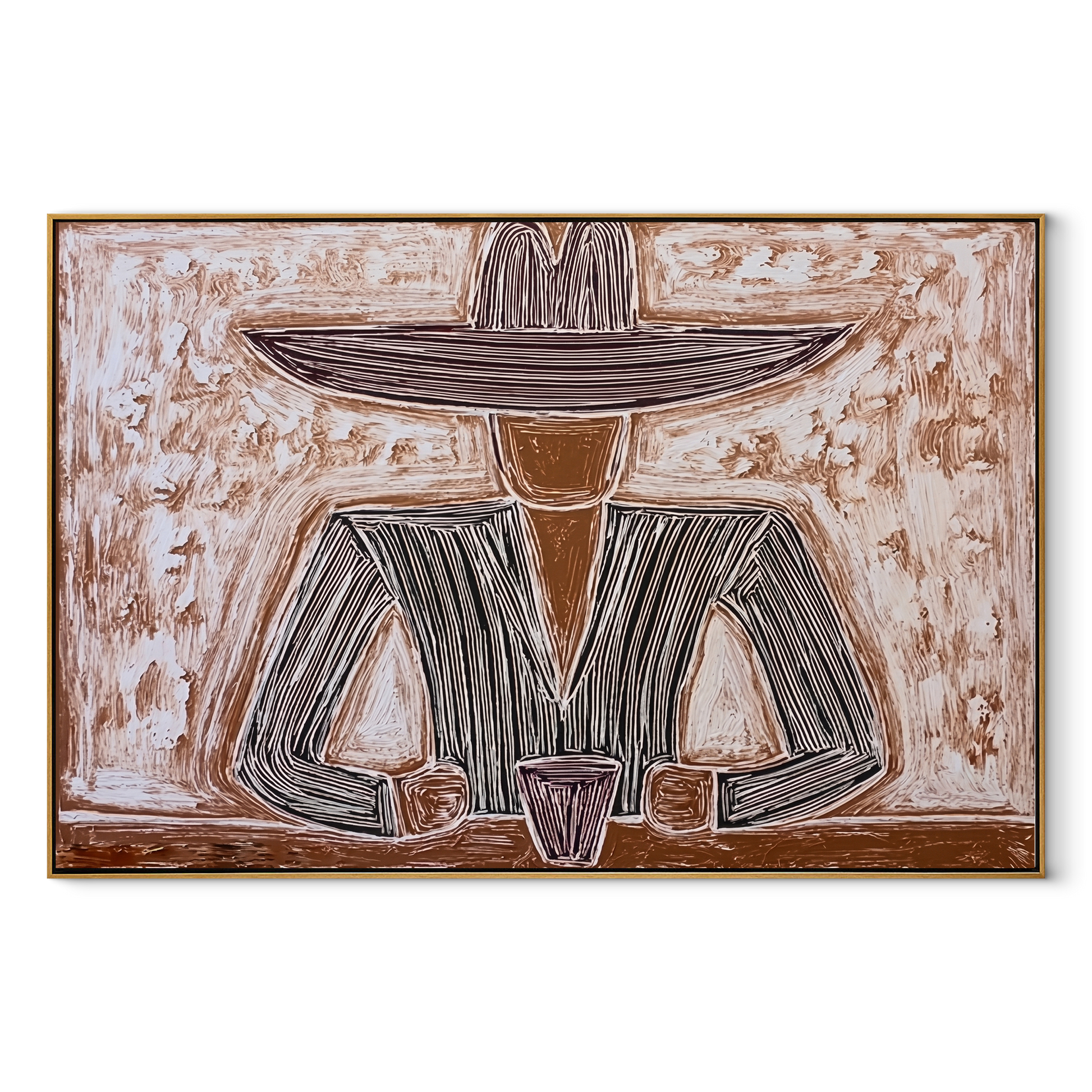 Two Cups Hold the Earth - Rustic Hat Figure with Cups painting by Adrian Lee, mid-century modern horizontal wall art – wood frame on white background