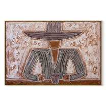 Two Cups Hold the Earth - Rustic Hat Figure with Cups painting by Adrian Lee, mid-century modern horizontal wall art – wood frame on white background
