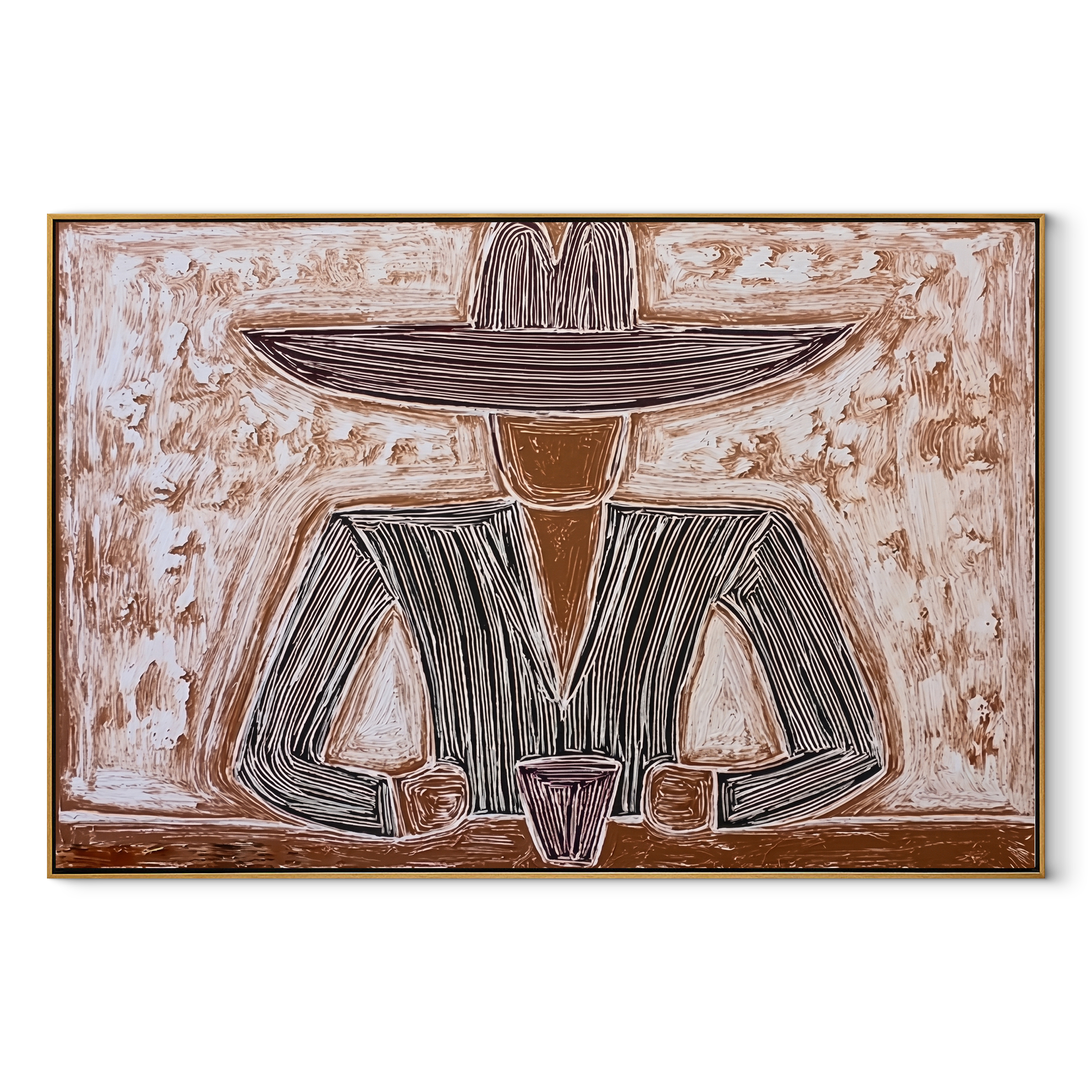 Two Cups Hold the Earth - Rustic Hat Figure with Cups painting by Adrian Lee, mid-century modern horizontal wall art – wood frame on white background