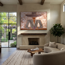 Two Cups Hold the Earth - Rustic Hat Figure with Cups painting by Adrian Lee, mid-century modern horizontal wall art – styled room scene view 2