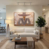 Two Cups Hold the Earth - Rustic Hat Figure with Cups painting by Adrian Lee, mid-century modern horizontal wall art – styled room scene view 4