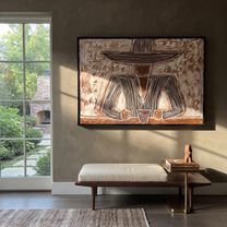 Two Cups Hold the Earth - Rustic Hat Figure with Cups painting by Adrian Lee, mid-century modern horizontal wall art – styled room scene view 5