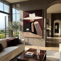 White Brim Keeps the Wine - Wide Hat Wine Figure painting by Adrian Lee, mid-century modern vertical wall art – styled room scene view 1