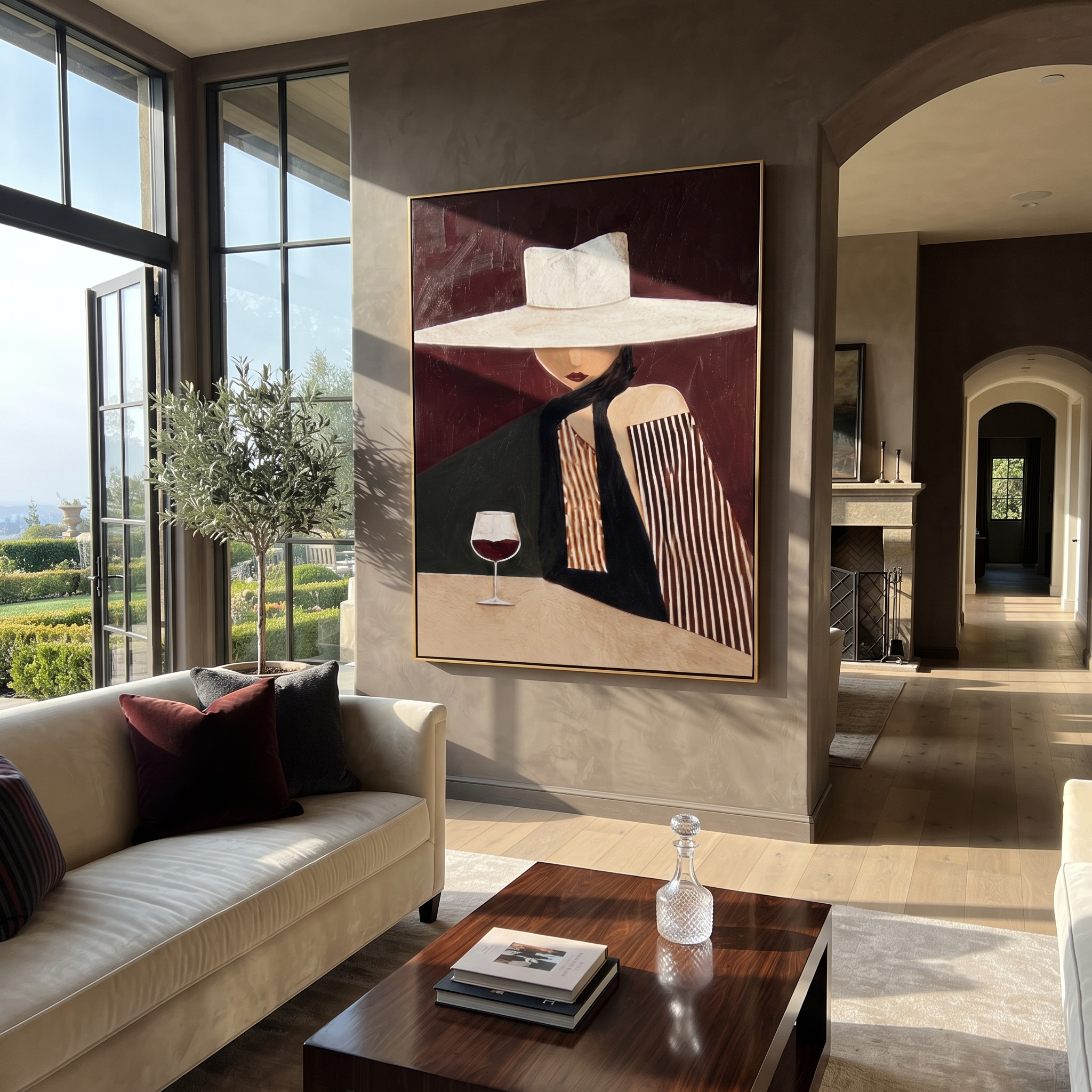 White Brim Keeps the Wine - Wide Hat Wine Figure painting by Adrian Lee, mid-century modern vertical wall art – styled room scene view 1