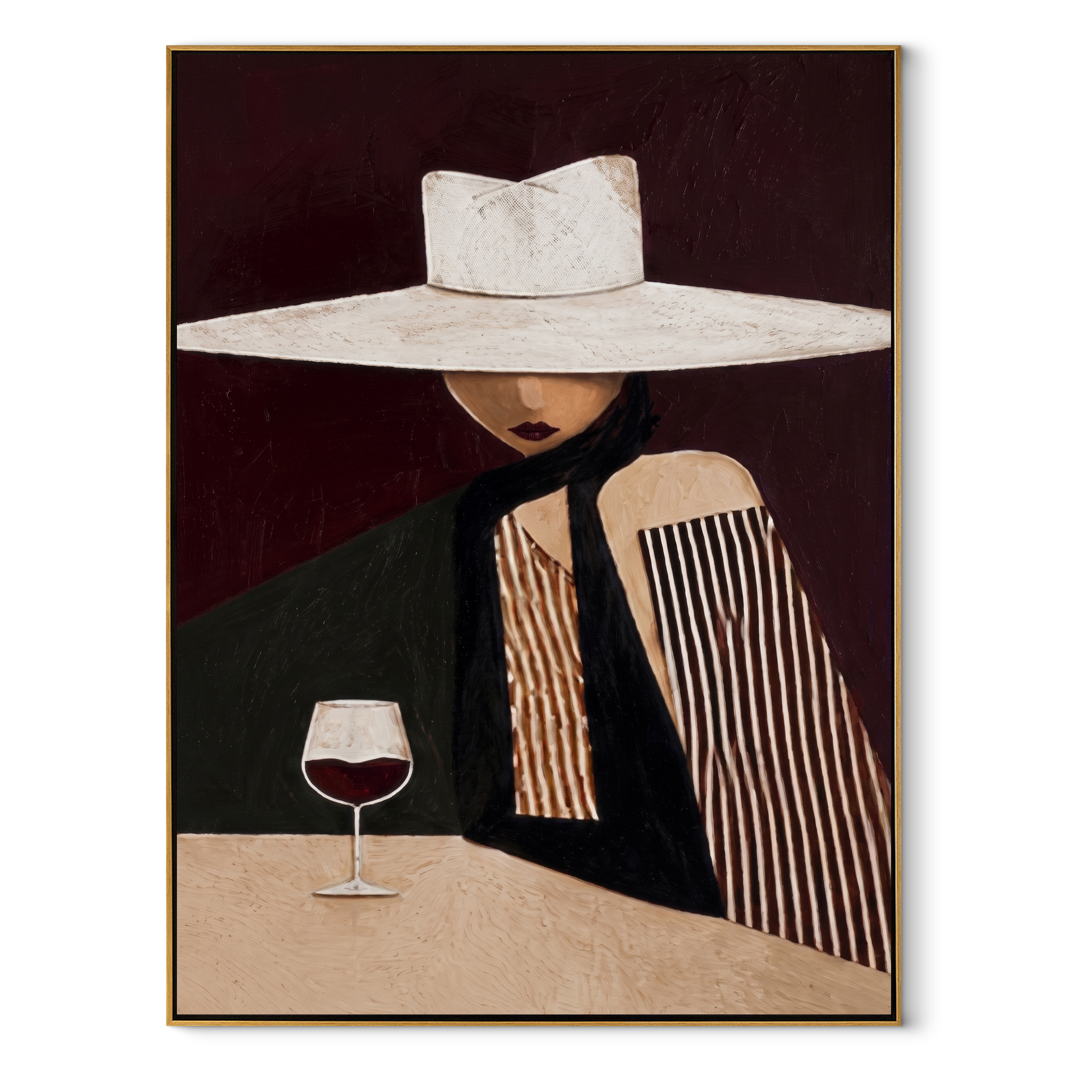 White Brim Keeps the Wine - Wide Hat Wine Figure painting by Adrian Lee, mid-century modern vertical wall art – wood frame on white background