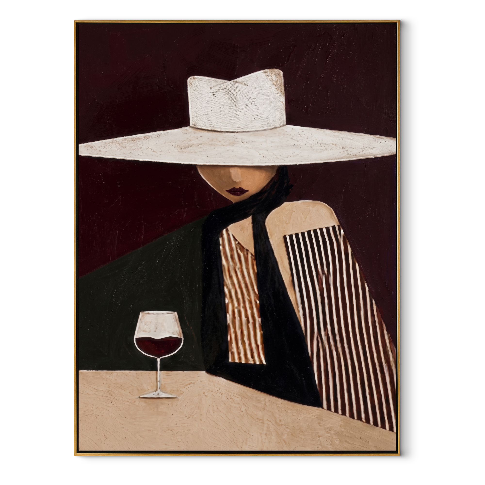 White Brim Keeps the Wine - Wide Hat Wine Figure painting by Adrian Lee, mid-century modern vertical wall art – wood frame on white background